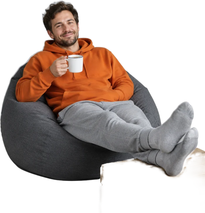 A relaxed recruiter in a beanbag with a mug