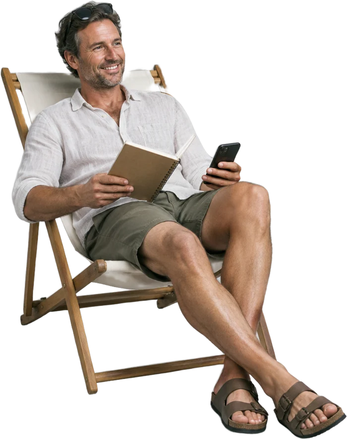 A recruiter relaxing in a deckchair with a notebook and phone