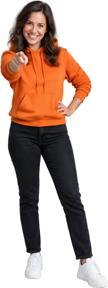 A woman pointing at the camera