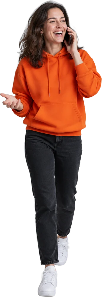 A recruiter laughing on the phone mid-stride