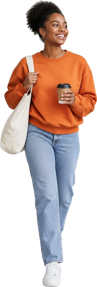 A woman walking out with a coffee and a bag