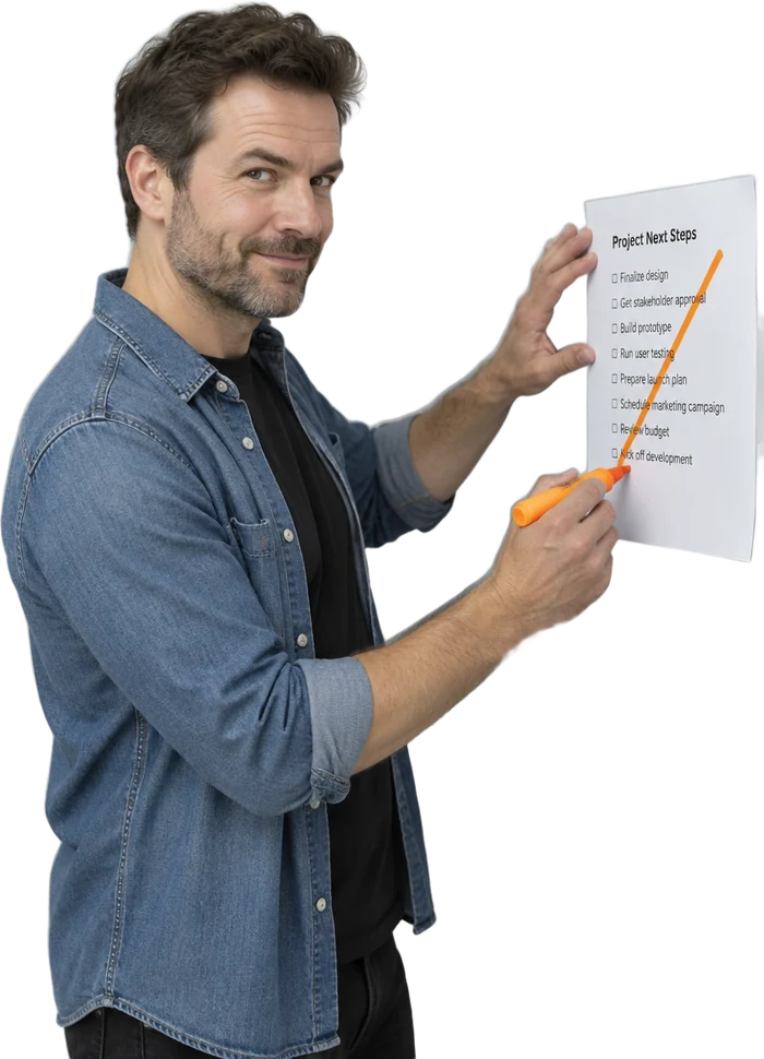 A man striking through a printed page with an orange marker