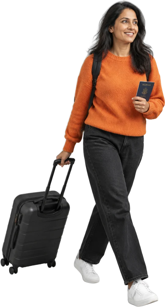 A traveller with a suitcase and passport