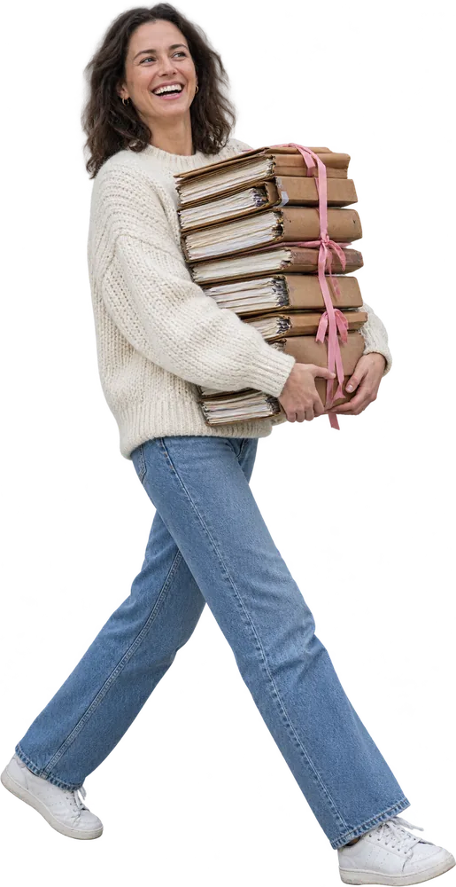 A woman striding along with a stack of case files tied in ribbon