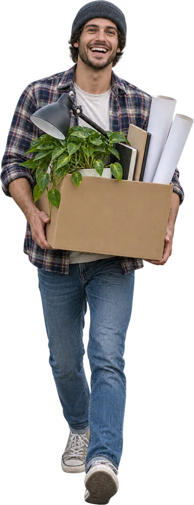 A man carrying a box of desk things into a new job