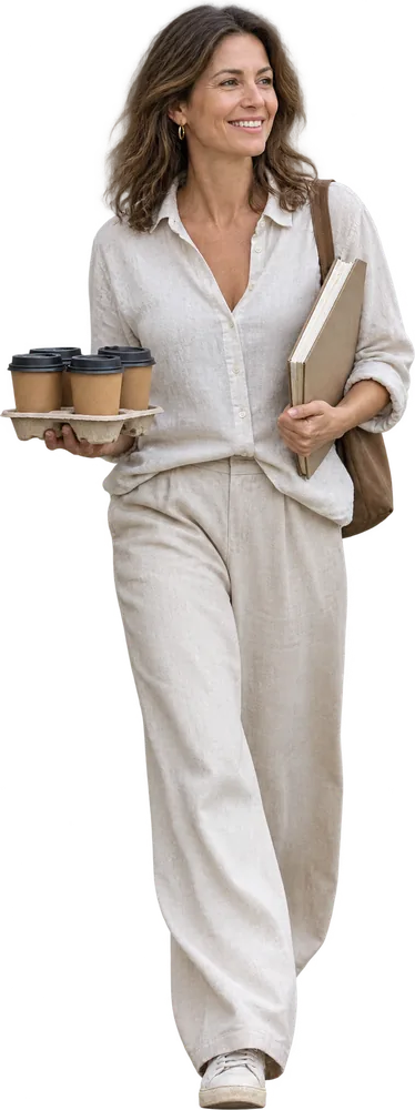 A woman carrying a tray of coffees and a diary