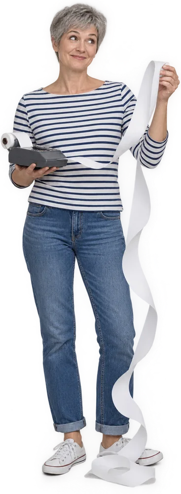 A woman laughing at a long adding-machine receipt