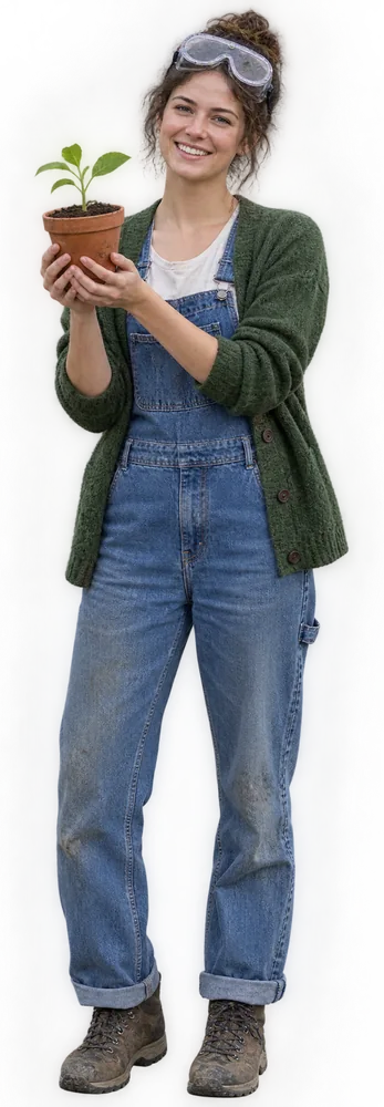 A woman with goggles on her head holding a seedling