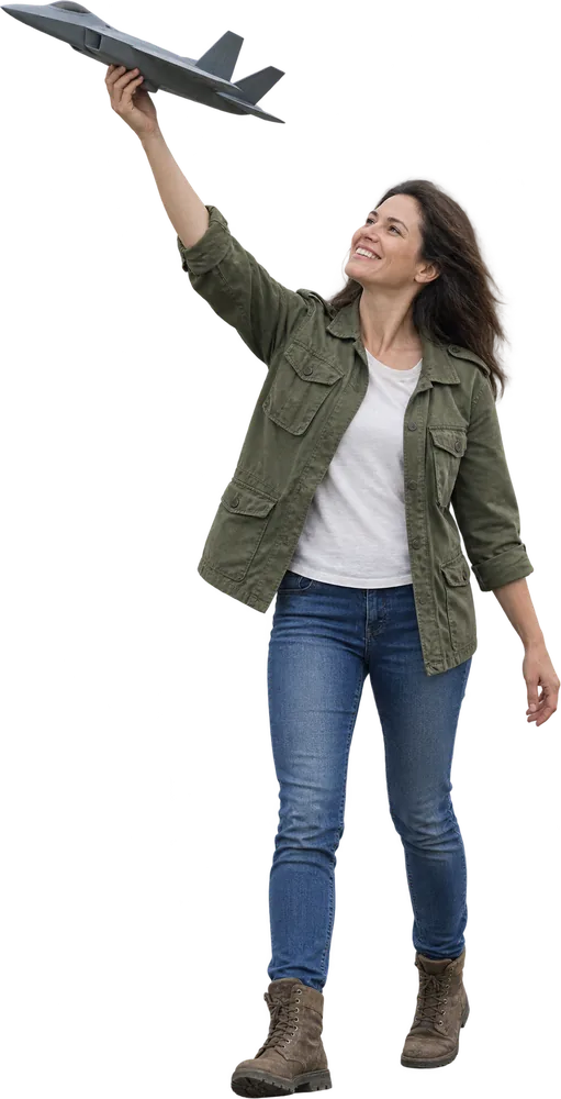 A woman flying a model jet above her head